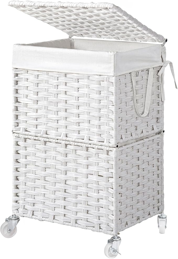 Chrislley 90L Slim Laundry Hamper with Wheels, Rolling Laundry Basket with Lid and Renovable Liner Bag, Handwoven Rattan Organizer for bedroom, bathroom, laundry room (White) by Chrislley