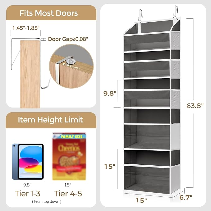 5 Tiers Over Door Organizer with 10 Mesh Side Pockets, 44 lbs Weight Capacity Hanging Storage Organizer with Clear Window Kids Toys, Shoes, Diapers, Dark Gray - Image 8