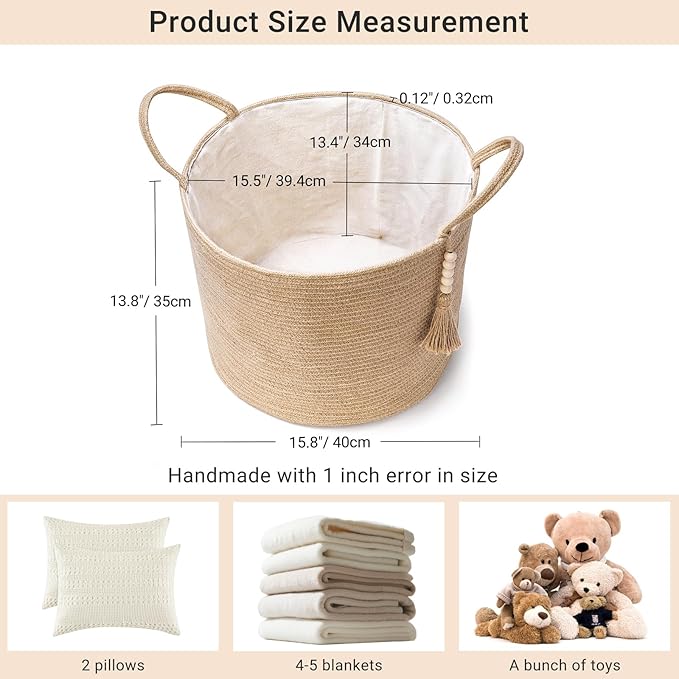Mkono Woven Storage Basket Decorative Natural Rope Basket Wooden Bead Decoration for Blankets,Toys,Clothes,Shoes,Plant Organizer Bin with Handles Living Room Home Decor, Jute, 16" W × 13.8"L - Image 3
