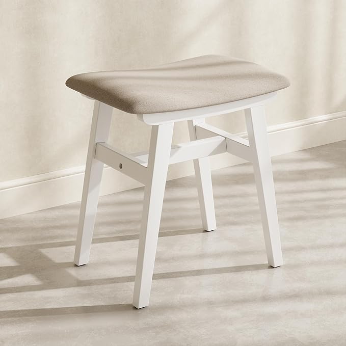 Muwuele Solid Wood Vanity Stool, Compact Makeup Chair with Saddle Cushion, Linen-Covered High Rebound Sponge Seat, Easy Assembly Footstool for Bedroom, Entryway, Home, White