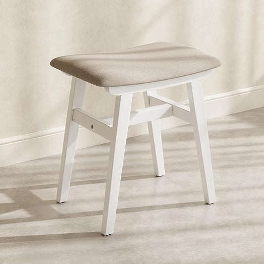Muwuele Solid Wood Vanity Stool, Compact Makeup Chair with Saddle Cushion, Linen-Covered High Rebound Sponge Seat, Easy Assembly Footstool for Bedroom, Entryway, Home, White