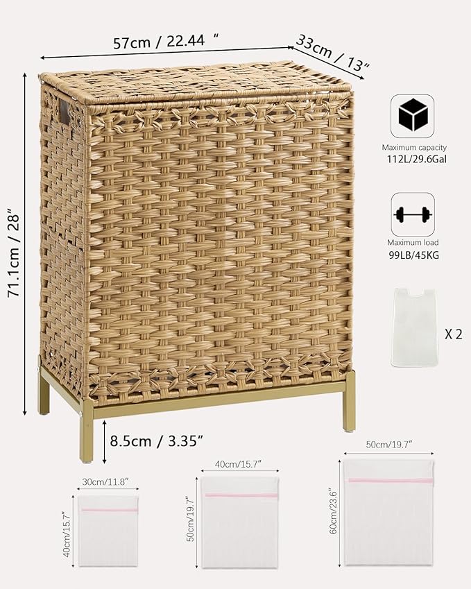 SETVSON Laundry Hamper with Lid, 112 L Handwoven Rattan Wicker Laundry Basket, 2 Removable Liner Bags Metal Heightened Feet, 6 Mesh Bags, 2 Section Large Clothes Hamper for Bathroom Bedroom, Natural - Image 5