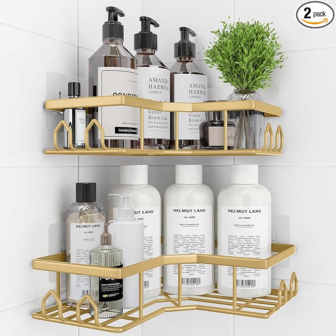 Adhesive Shower Caddy, 2 Pack Corner Bath Organizer, Rustproof Stainless Steel Shower Shelves with Large Capacity, No Drilling Shelves for Bathroom Storage, Home, Kitchen Decor (Gold). by Unknown