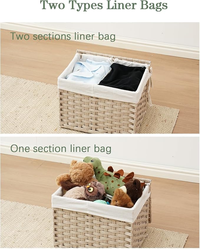 SETVSON Storage Basket with Lid Woven Wicker Baskets with 2 Separate Lid, 9.2 Gallon (35 L) Wicker Storage Bins with Handles, Foldable and 2 Removable Liner Bags for Bedroom, Laundry Room Light Khaki - Image 6