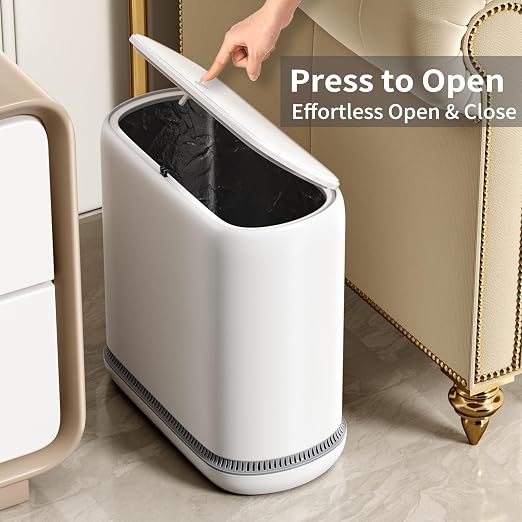 Bathroom Trash Can with Lid, 3 Gallon Small Slim Garbage Bin with Auto-Adsorption & 75 Bags (5 Rolls), Mini Waste Basket Dog Proof for Bathroom, Kitchen, Office, Bedroom, Laundry, Toilet, Rv, White - Image 4