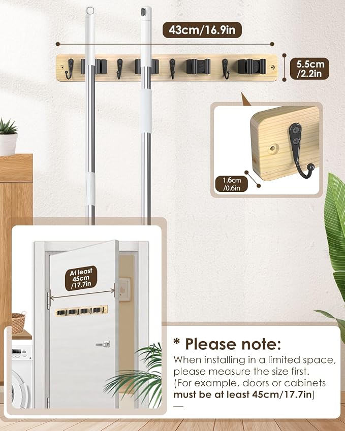 Broom Holder Wall Mounted, Light Wood 4 Holders and 4 Hooks Mop Holder, Wooden Mop and Broom Holder with Anti slip rubber, Natural pine wood Brush Holder, Mop Wall Holde with Nail installation - Image 4