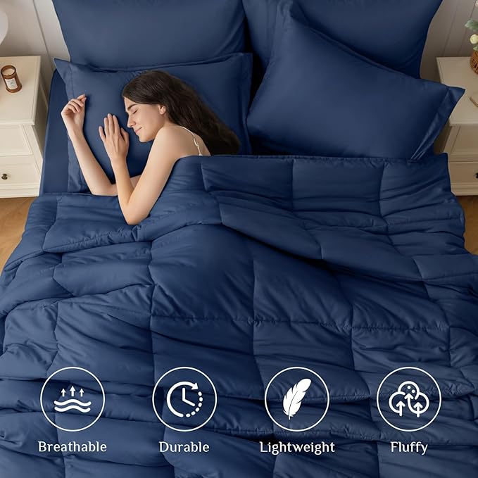 JOLLYVOGUE Full Comforter Set, Ultra-Soft Bed in a Bag Full Size 7 Pieces, Oeko-TEX Certified Bedding Set with Down Alternative Comforter, Sheets, Pillowcases & Shams, Navy
