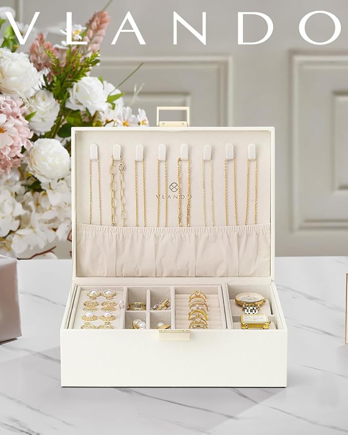 Vlando Jewelry Organizer,2 Layer Jewelry Box Large Jewelry Organizer for Women Removable Jewelery Tray with Watch Pillow for Necklace Earrings Rings Bracelets(Cream White) - Image 7