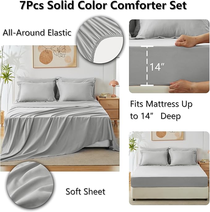 CozyLux Queen Comforter Set Light Grey, 7 Pieces Bed in a Bag Queen Comforter Set with Sheets, Light Gray Luxury Bed Sets with Down Alternative Comforter, Fitted Sheet, Flat Sheet, Pillowcases & Shams