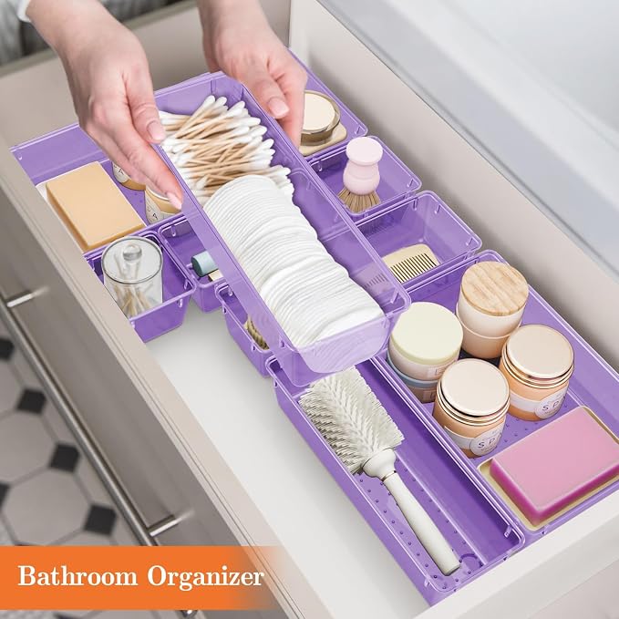 SpaceHacks 25 PCS Plastic Drawer Organizer Set, 4-Size Versatile Organizer Trays & Storage Bins for Makeup, Jewelry, and Gadgets in Bathroom, Bedroom and Office,Clear Purple - Image 6