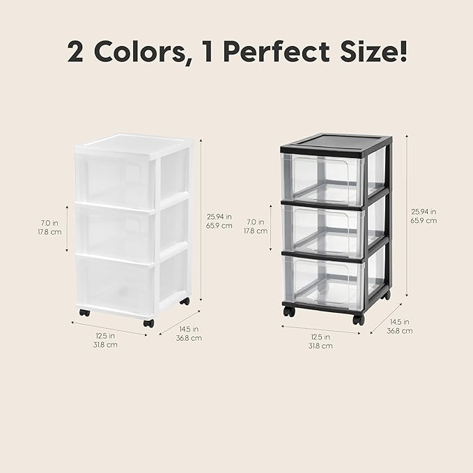 IRIS USA Plastic 3-Drawer Storage Organizer Rolling Cart, with Wheels Casters, 2-Pack, for Classroom Art Supplies Bathroom Dorm Bedroom Laundry Room, Slim Narrow, White/Clear - Image 3