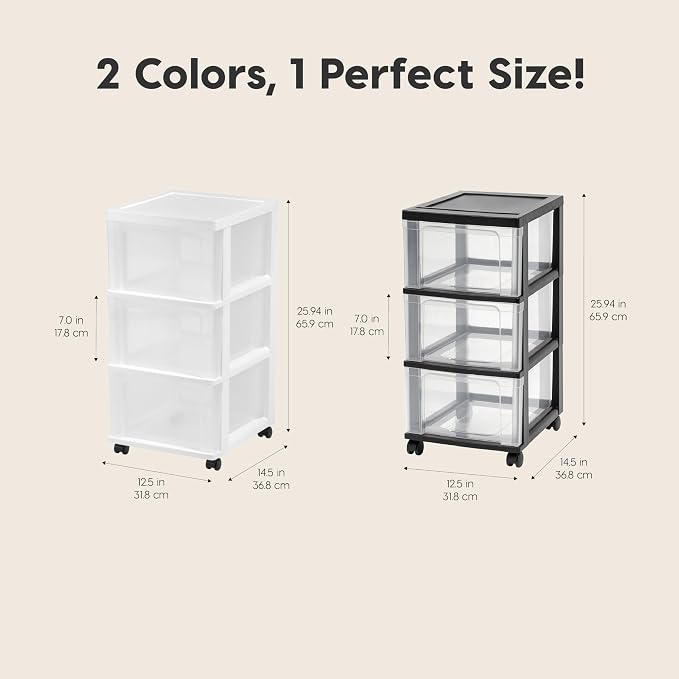 IRIS USA Plastic 3-Drawer Storage Organizer Rolling Cart, with Wheels Casters, 2-Pack, for Classroom Art Supplies Bathroom Dorm Bedroom Laundry Room, Slim Narrow, Black/Clear - Image 2