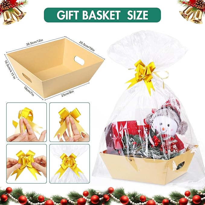 AFOROEOA 10PACK Baskets For Gifts Empty, 10x12”Thick Kraft Gift Basket with 10 Bows 10 Bags Empty Gift Baskets for Christmas, Valentine’s Day, Easter, Birthdays, Snacks, Farmers Market - Image 3
