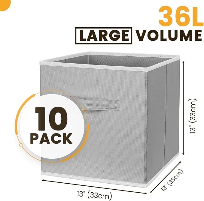 Criusia Large Storage Cubes, 13x13 Cube Storage Bins (Set of 10), Fabric Collapsible Storage Bins with Dual Handles, Foldable Cube Baskets for Shelf, Closet Organizers and Storage Box (Grey) - Image 2