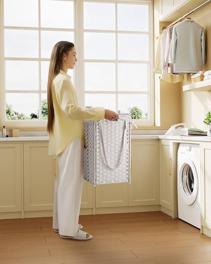 Greenstell Laundry Hamper with Wheels, No Install Needed, 110L Divided Handwoven Hampers & 2 Removable Liner Bags, Rattan Clothes Laundry Basket with Lid & Handles, Foldable Hampers White - Image 2