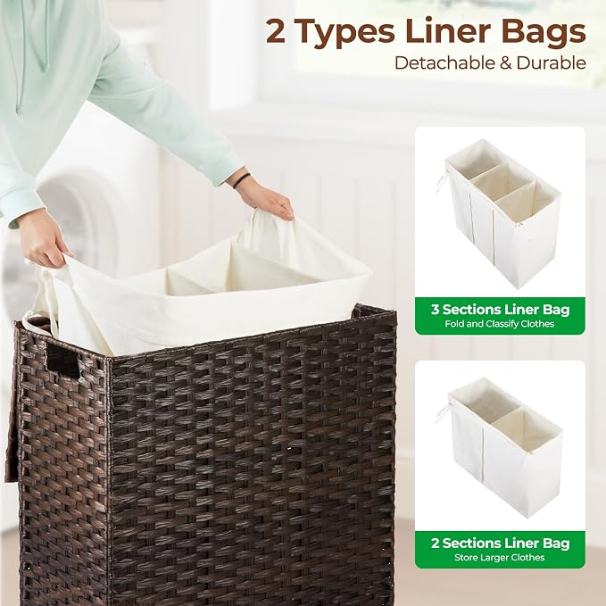 Greenstell Laundry Hamper with Lid, 125L Wicker Laundry Baskets with 2 Removable Liner Bags & 5 Mesh Laundry Bags, Handwoven Rattan Clothes Hamper with Handles for Clothes in Bathroom, Bedroom - Image 3
