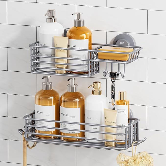 TAILI Shower Caddy Suction Cup 2 Pack with Hooks & Soap Holder, Heavy Duty Shower Organizer for Bathroom, No Drilling Bathroom Organizer with Large Capacity, Metal Storage Holder-Grey by TAILI