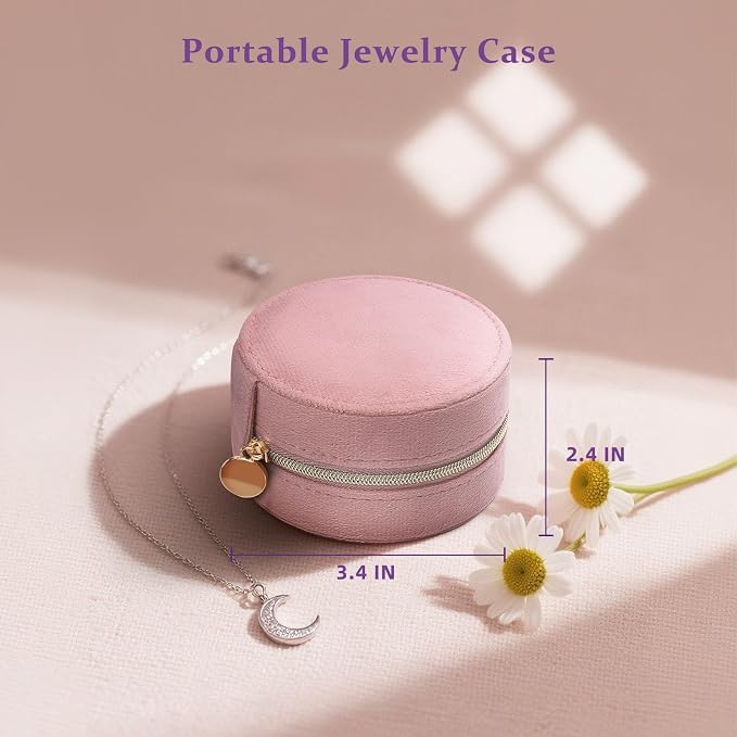 CONBOLA Travel Jewelry Case Small Jewelry Box for Women Girls,Round Velvet Mini Jewelry Travel Organizer,Portable Jewelry Box for Rings Earrings Necklaces Bracelets.(Pink,Small) - Image 4