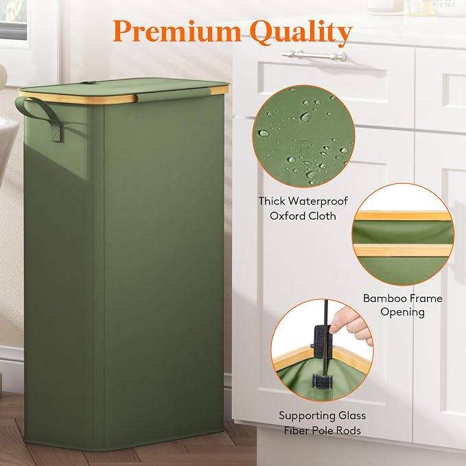 Lifewit 75L Slim Laundry Hamper with Lid, Narrow Laundry Basket with Removable Bag & Bamboo Handles, Fodable Thin Dirty Clothes Hamper for Laundry Collapsible Bin for Bathroom Bedroom Dorm, Green - Image 7