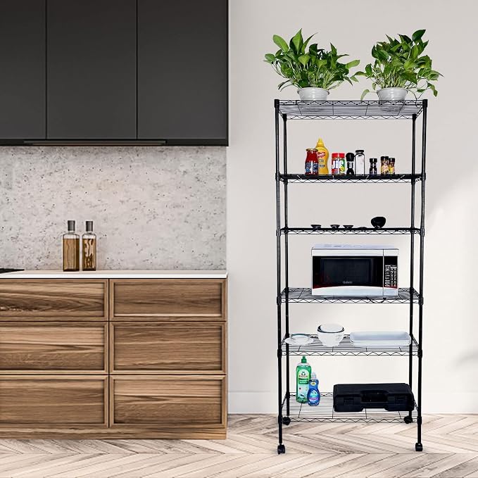 Simple Deluxe 6-Tier Shelving Units, 29.92'' W x 13.98'' D x 71.65'' H Adjustable Wire Shelving with Hanging Hooks and Wheels, Black - Image 2