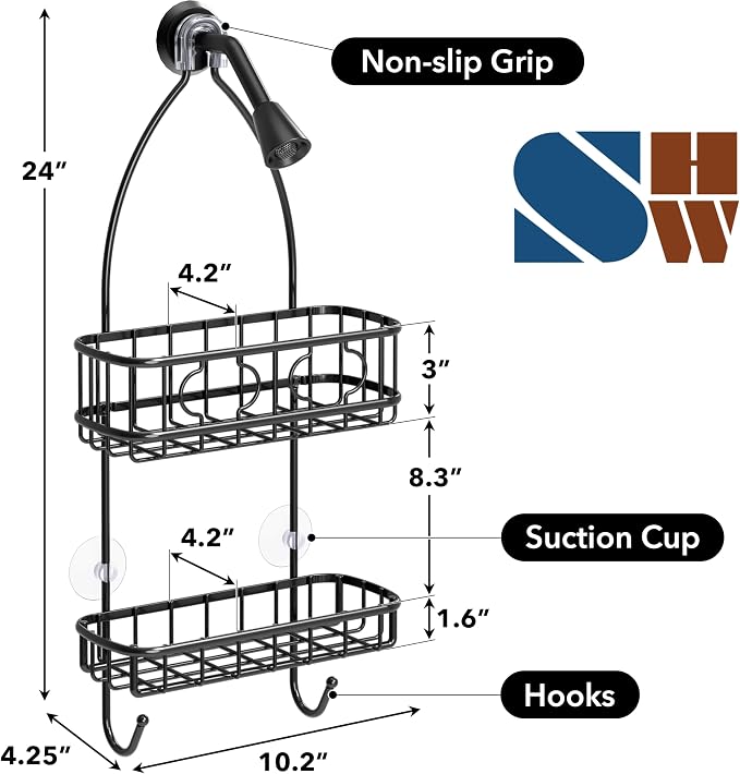 Simple Houseware Bathroom Hanging Shower Head Caddy Organizer, Black (24 x 10.2 x 4.25 inches) - Image 4