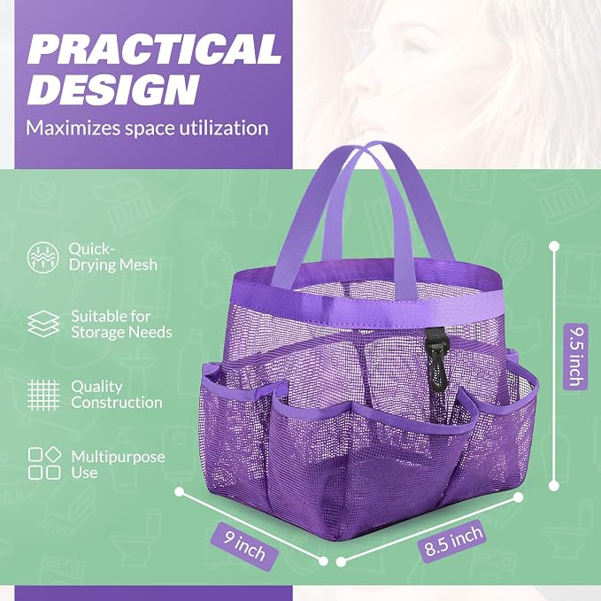 LOYEE Mesh Shower Caddy Portable for College Dorm Room Essentials with 8 Pockets, Shower Bag for Beach, Swimming, Gym, Travel, Bathroom(All purple) - Image 2