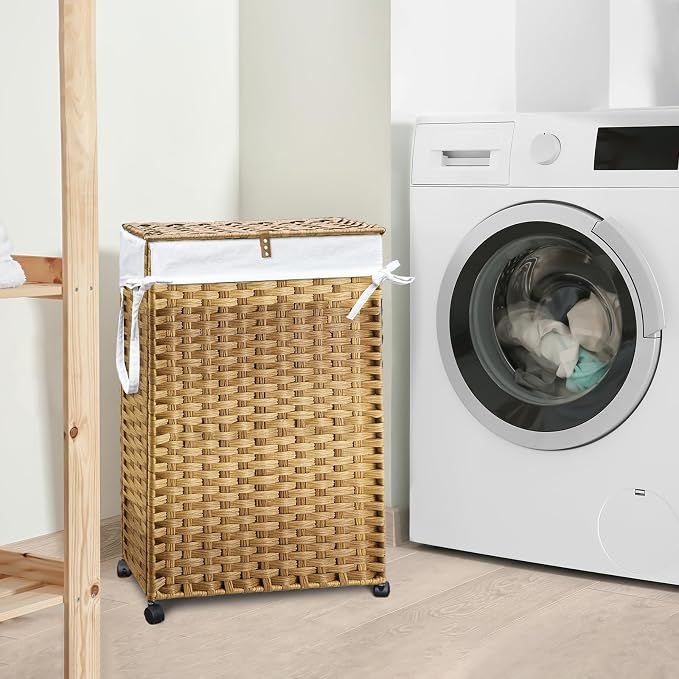 70L Slim Laundry Hamper with Lid & Wheels, 2-Park Rolling Laundry Basket with 4 Removable Liner Bags & 3 Mesh Bags, Narrow Dirty Clothes Basket, Foldable Handwoven Rattan Laundry Sorter, Natural - Image 2