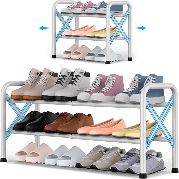 YEASHEIN 2-Tier Expandable Shoe Rack for Closet Floor, X-Frame Metal Small Shoe Rack for Entryway, Adjustable Shoe Shelf Organizer, Free Standing Shoe Racks for Front Door Entrance, Garage - White by YEASHEIN
