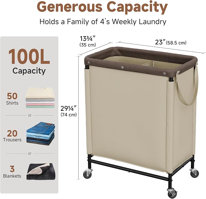 StorageWorks Laundry Hamper 2 Section, 100L Rolling Laundry Sorter Cart with Removable and Washable Liner Bag, Clothes Hamper with Wheels and Handle for Laundry Room and Bedroom, Light Khaki - Image 3