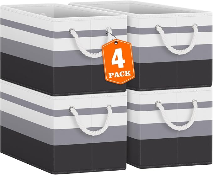 Fab totes Storage Bins [4-Pack], Foldable Storage Baskets for Organizing Toys, Books, Shelves, Closet, Large Storage Box with Rope Handles, Sturdy Organizer Bins,Gradient Grey by Fabtotes