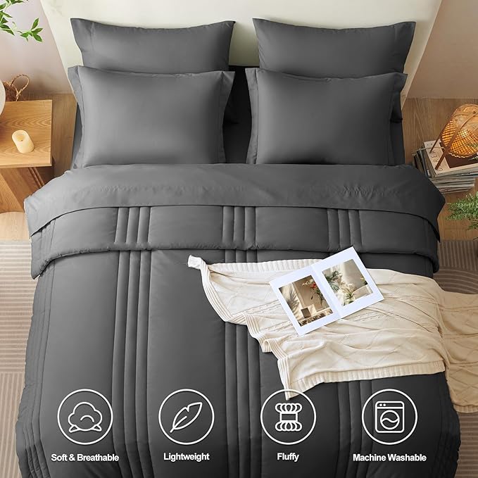 CozyLux California King Size Comforter Set - 7 Pieces Bed in a Bag Dark Grey Comforter Set with Sheets Cal King, Soft Bedding Set with Down Alternative Comforter, Sheets, Pillowcases & Shams