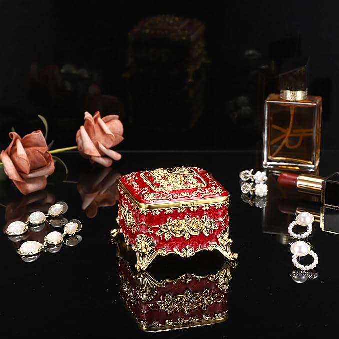 Hipiwe Vintage Metal Jewelry Box - Small Trinket Organizer Ring Box Case with Rose Pattern Jewelry Storage Box for Ring Earrings Necklace, Keepsake Box for Women,Red - Image 6