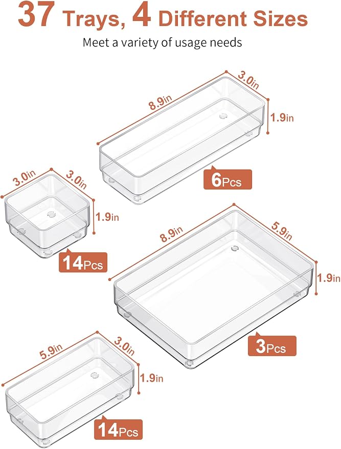 SMARTAKE 37-Piece Drawer Organizer with Non-Slip Silicone Pads, 4-Size Desk Drawer Organizer Trays Storage Tray for Makeup, Jewelries, Utensils in Bedroom Dresser, Office and Kitchen (Clear) - Image 2