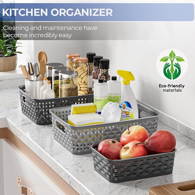 3 Pack Small Plastic Basket, Storage Bin Baskets for Organizing, Pantry Organizer Household Wicker Storage for Laundry Room, Bedrooms, Kitchens, Cabinets, Countertops, Dark Gray - Image 6