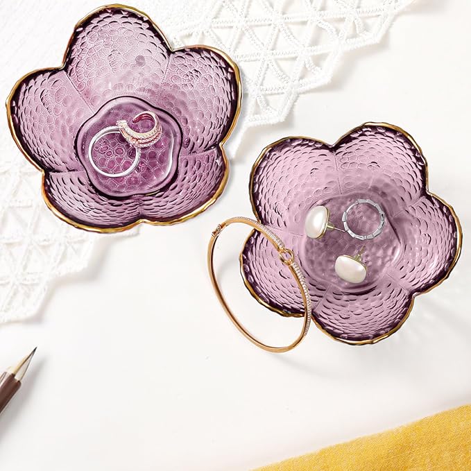 Gifts for Women Purple Flower Jewelry Dish Glass Ring Holder Decorative Jewelry Tray Cute Vanity Room Decor Aesthetic Nightstand Bathroom Decor Trinket Dish Friendship Birthday Christmas Gifts (2pcs) - Image 2