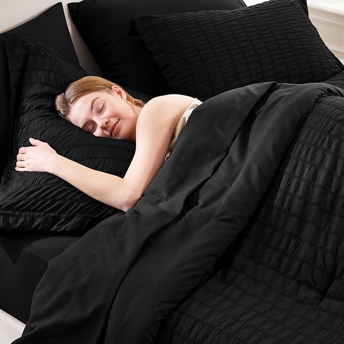 CozyLux King Size Comforter Set Black Seersucker 7 Pieces Bed in a Bag King Comforter Set with Sheets, Luxury Soft Bedding Sets with Down Alternative Comforter, Sheets, Pillowcases & Shams All Seasons