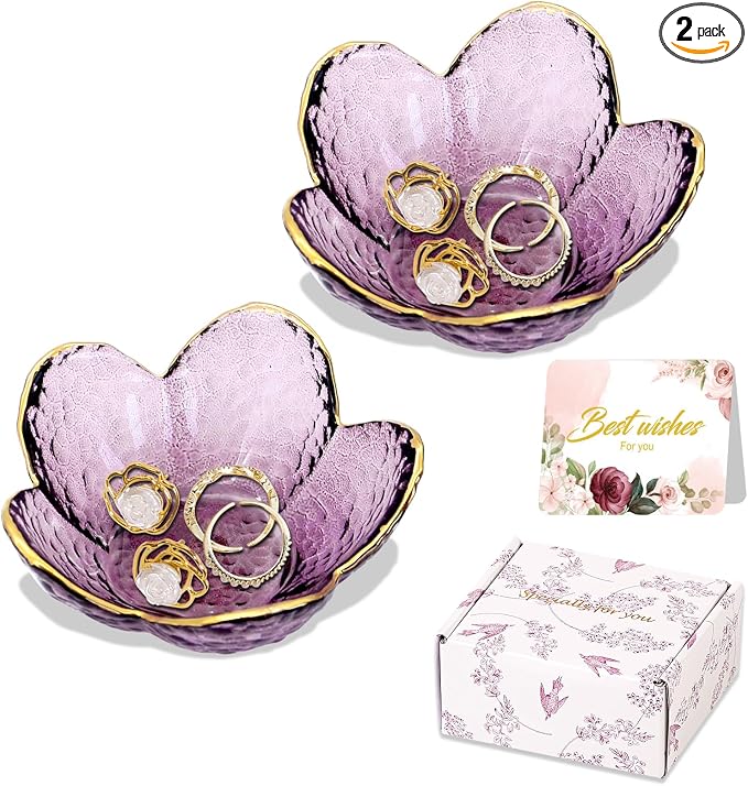Gifts for Women Purple Flower Jewelry Dish Glass Ring Holder Decorative Jewelry Tray Cute Vanity Room Decor Aesthetic Nightstand Bathroom Decor Trinket Dish Friendship Birthday Christmas Gifts (2pcs) by WELOCMETOBINOSTER