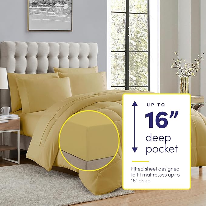 Sweet Home Collection 7 Piece Comforter Set Bag Solid Color All Season Soft Down Alternative Blanket & Luxurious Microfiber Bed Sheets, Camel, King