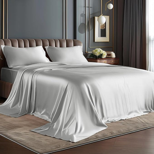 BEDELITE Satin Sheets Twin XL Size Bed Set, Luxury Soft Grey Silky Sheets for Hair and Skin, Similar to Silk Bed Sheets Set 3 Pieces with 1 Deep Pocket Fitted Sheet, 1 Flat Sheet, and 1 Pillowcase