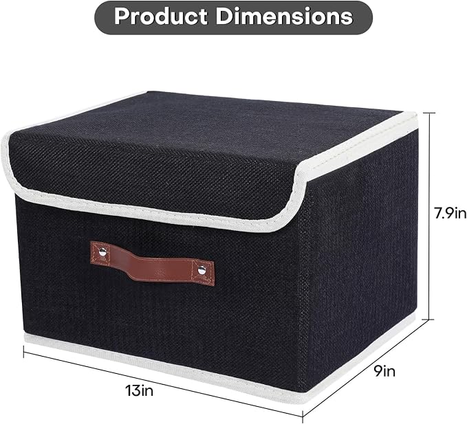 ANMINY Storage Bin with Lid Storage Boxes with PU Leather Handles PP Plastic Board Decorative Foldable Lidded Cotton Linen Fabric Home Cubes Baskets Closet Organizer Container - Black, Medium - Image 5