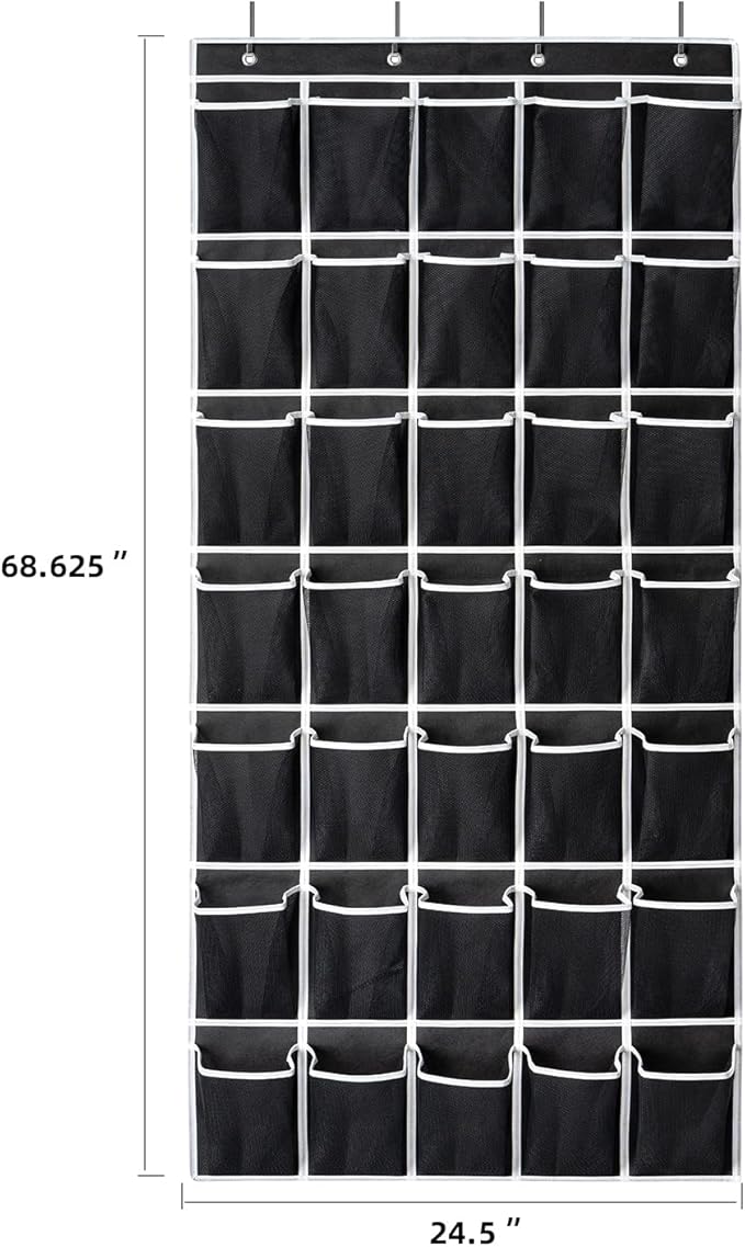 SAVERHO 35 Pockets Over the Door Shoe Organizer, Hanging Shoe Organizer for Door with 35 Mesh Pockets Large Capacity Shoe Hanging Storage Bag with 4 Metal Hooks (Black-1Pack) - Image 2