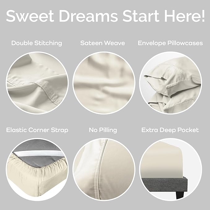 Viscose Bamboo Sheets King Size 4PC Set - Cooling Sheets for Hot Sleepers with Moisture Wicking Technology - Silky Soft 18 Inch Deep Pocket - Ivory 76"x 80"