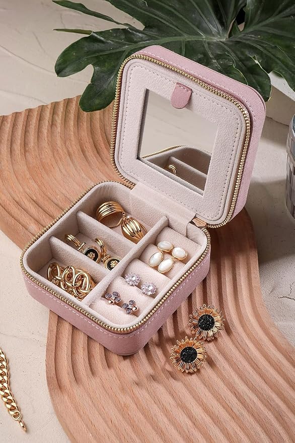 S.Leaf Travel Jewelry Organizer Boxes for Women Small Portable Necklace Earrings Bracelet Rings Travel Case Best Friend Birthday Gifts for Women Trendy (Butterfly_Pink_Gray) - Image 2