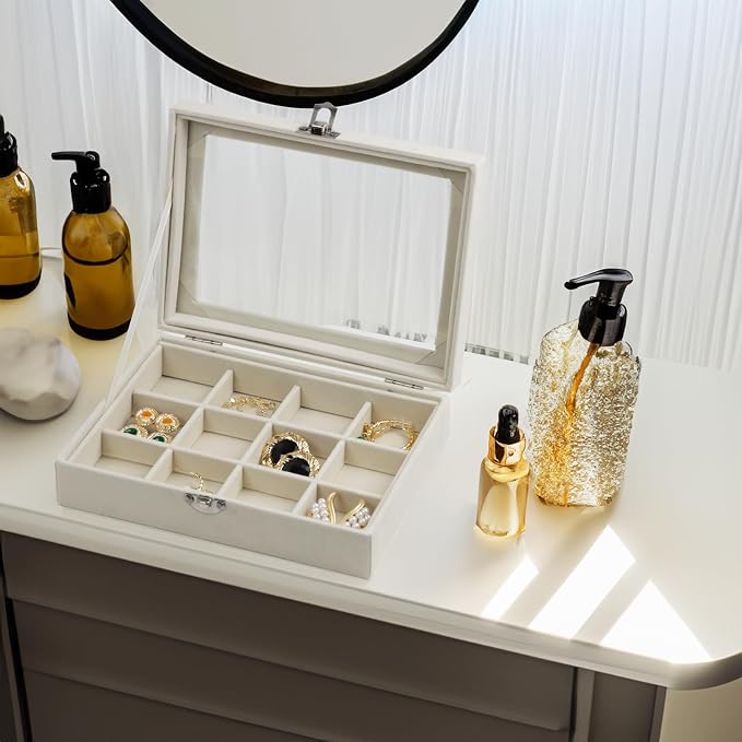 Fordonral Velvet Jewelry Organizer Box, Jewelry Drawer Organizers Trays, Earring Ring Necklace Holder Display Case (Beige, 12 Grid Box) - Image 5