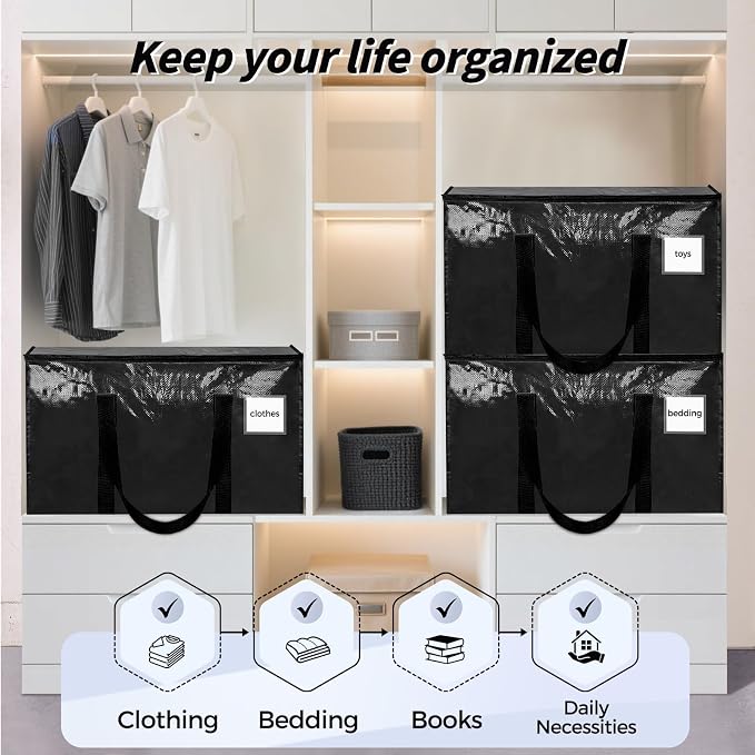 8 Pack Extra Large Heavy Duty Moving Bags, Black Storage Bins with Lids, Reinforced Handles & Heavy-Duty Zippers Moving Boxes Storage Bags Totes for Clothes Packing, Dorms, College Supplies, Black - Image 7