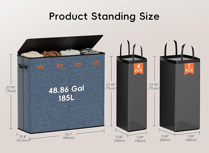 Laundry Hamper 4-Section with Lid, 185L Laundry Sorter with 4 Removable Bags + 1 Extra Large Bag, Switchable 3/4 Compartment, Laundry Basket Organizer for Bedroom, Laundry Room，Navy Bule - Image 6