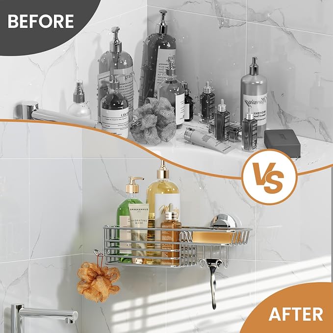 LEVERLOC Shower Caddy Suction Cup, Organizer with Hooks & Soap Holder for Inside Shower, Removable Bathroom Shelf-Silver - Image 4
