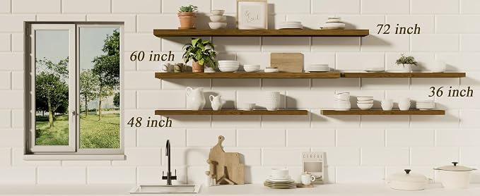 ROGMARS 72 Inches Long Walnut Floating Shelves,Rustic Solid Wood Farmhouse Wall Shelves with Invisible Brackets for Bathroom, Living Room, Bedroom, Kitchen Set of 3 - Image 8