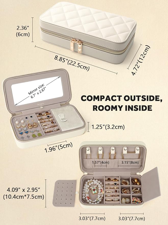 Travel Jewelry Case with Mirror, Quilted Small Jewelry Box Organizer for Women Girls, Portable Earring Necklace Bracelet Ring Holder Storage for Travel Weekend Trips (Beige) - Image 3