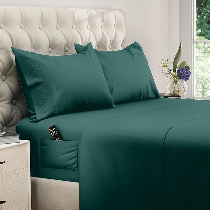 DREAMCARE Twin XL Sheet Sets - 4 pcs Breathable Cooling Bed Sheets - up to 15" Deep Pocket Twin XL Sheets Set with Side Pockets -Extra Soft 100% Brushed Hypoallergenic Hotel Luxury Bedding Emrld Green